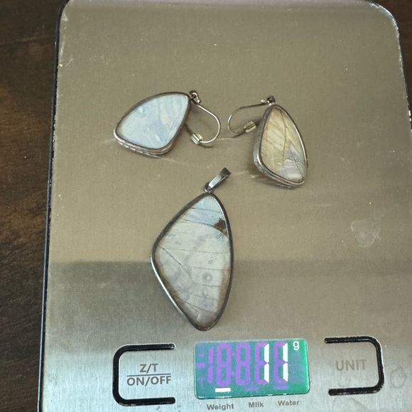 Costa Rican Butterfly Wing Iridescent Silver Earring and Pendant SET - Picture 6 of 7